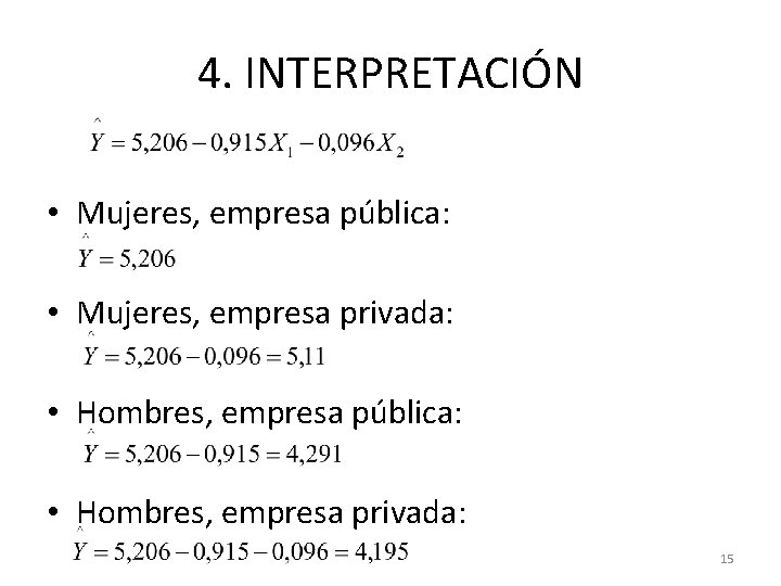4. INTERPRETACIÓN • Mujeres, empresa pública: • Mujeres, empresa privada: • Hombres, empresa pública: 4. INTERPRETACIÓN • Mujeres, empresa pública: • Mujeres, empresa privada: • Hombres, empresa pública: