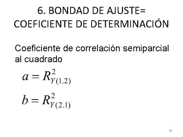 6. BONDAD DE AJUSTE= COEFICIENTE DE DETERMINACIÓN Coeficiente de correlación semiparcial al cuadrado 20 6. BONDAD DE AJUSTE= COEFICIENTE DE DETERMINACIÓN Coeficiente de correlación semiparcial al cuadrado 20