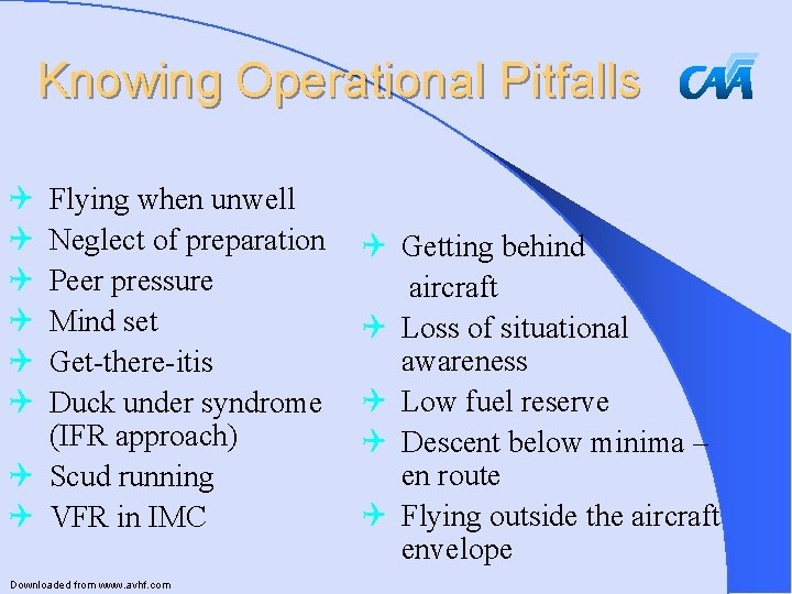 Knowing Operational Pitfalls Q Q Q Flying when unwell Neglect of preparation Peer pressure