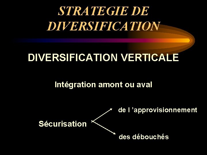 STRATEGIE DE DIVERSIFICATION VERTICALE Intégration amont ou aval de l ’approvisionnement Sécurisation des débouchés