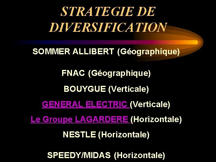 STRATEGIE DE DIVERSIFICATION SOMMER ALLIBERT (Géographique) FNAC (Géographique) BOUYGUE (Verticale) GENERAL ELECTRIC (Verticale) Le