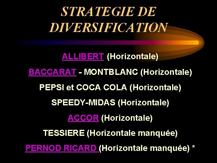 STRATEGIE DE DIVERSIFICATION ALLIBERT (Horizontale) BACCARAT - MONTBLANC (Horizontale) PEPSI et COCA COLA (Horizontale)