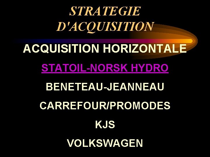 STRATEGIE D'ACQUISITION HORIZONTALE STATOIL-NORSK HYDRO BENETEAU-JEANNEAU CARREFOUR/PROMODES KJS VOLKSWAGEN 