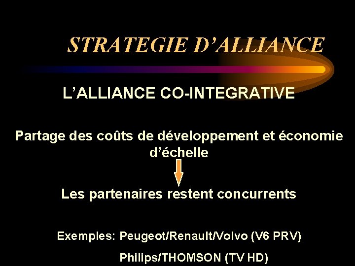 STRATEGIE D’ALLIANCE L’ALLIANCE CO-INTEGRATIVE Partage des coûts de développement et économie d’échelle Les partenaires