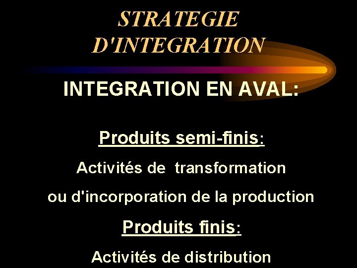 STRATEGIE D'INTEGRATION EN AVAL: Produits semi-finis: Activités de transformation ou d'incorporation de la production