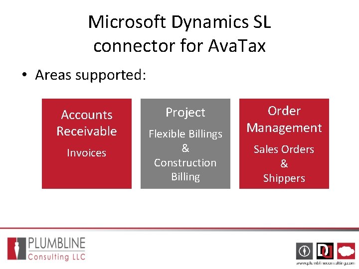 Microsoft Dynamics SL connector for Ava. Tax • Areas supported: Accounts Receivable Invoices Project Microsoft Dynamics SL connector for Ava. Tax • Areas supported: Accounts Receivable Invoices Project