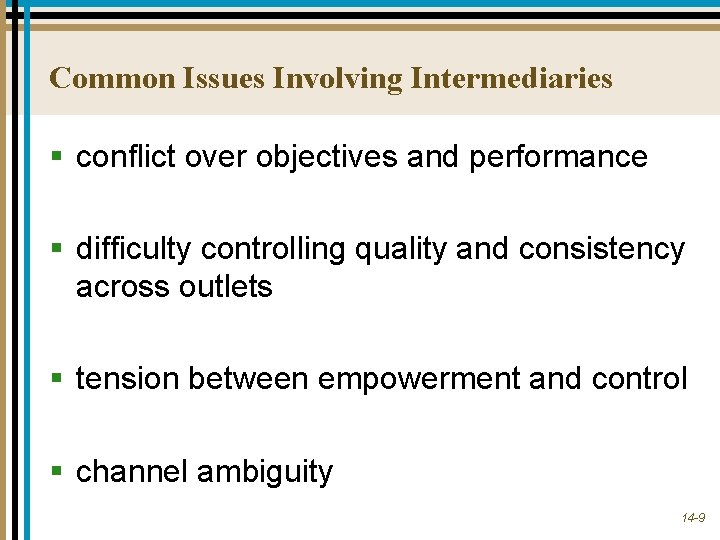 Common Issues Involving Intermediaries § conflict over objectives and performance § difficulty controlling quality