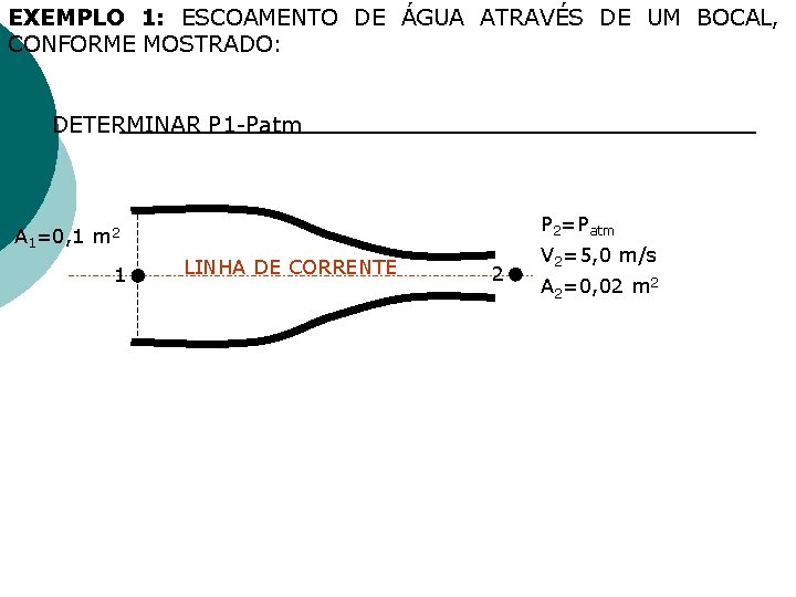EXEMPLO 1: ESCOAMENTO DE ÁGUA ATRAVÉS DE UM BOCAL, CONFORME MOSTRADO: DETERMINAR P 1