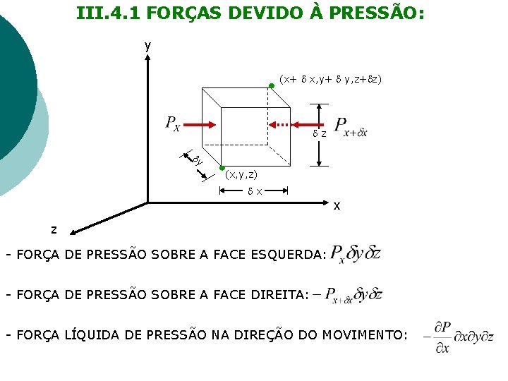 III. 4. 1 FORÇAS DEVIDO À PRESSÃO: y (x+ x, y+ y, z+ z)