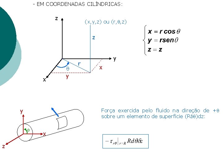 - EM COORDENADAS CILÍNDRICAS: z (x, y, z) ou (r, , z) z x