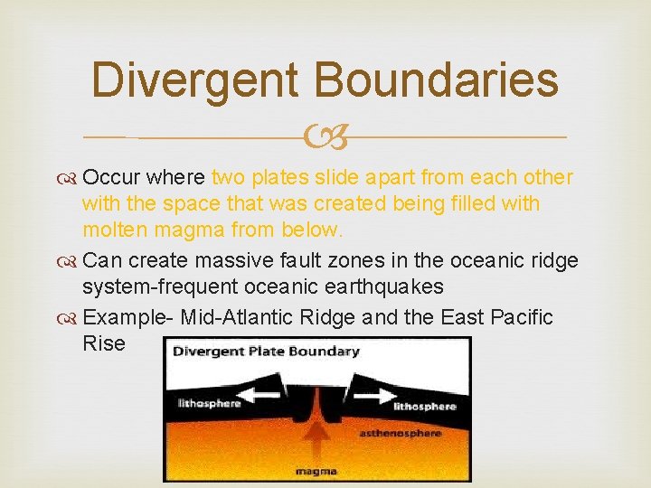 Divergent Boundaries Occur where two plates slide apart from each other with the space