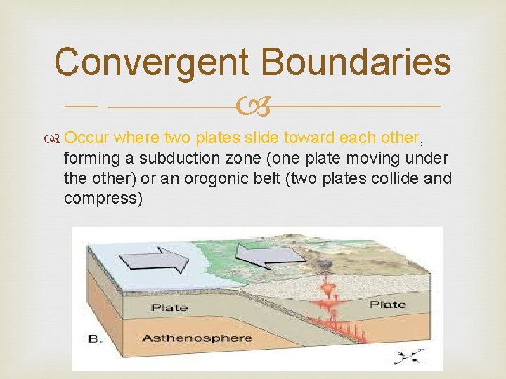 Convergent Boundaries Occur where two plates slide toward each other, forming a subduction zone