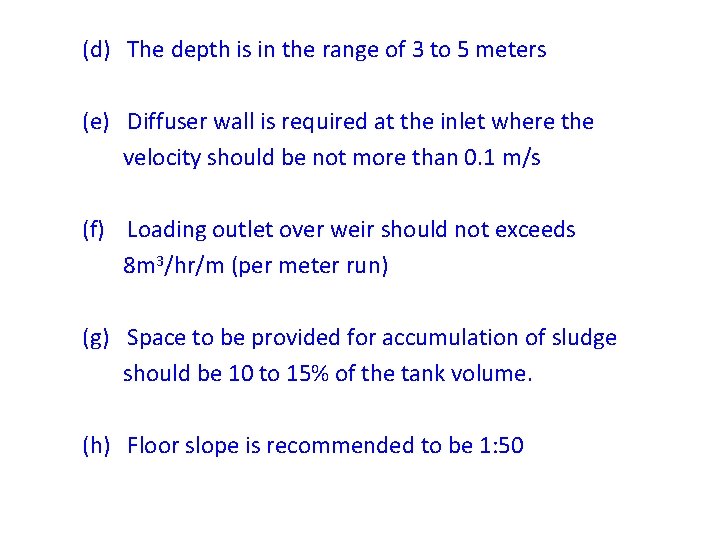 (d) The depth is in the range of 3 to 5 meters (e) Diffuser