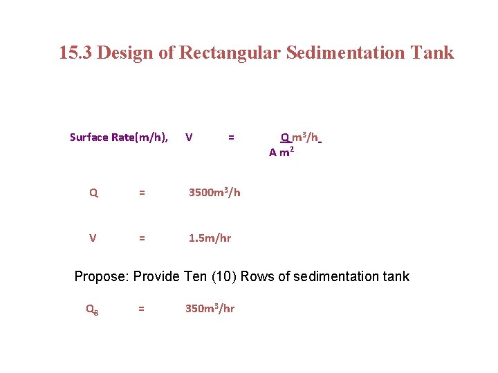 15. 3 Design of Rectangular Sedimentation Tank Surface Rate(m/h), V = Q = 3500