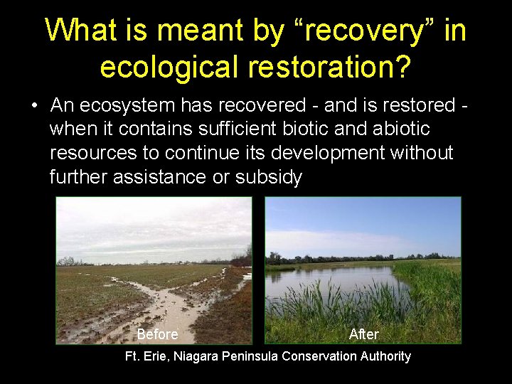 What is meant by “recovery” in ecological restoration? • An ecosystem has recovered -