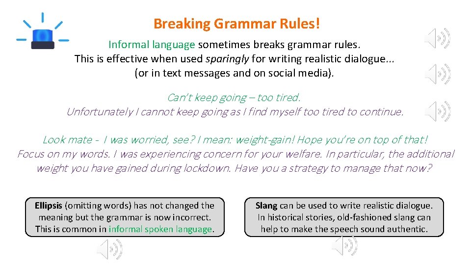 Breaking Grammar Rules! Informal language sometimes breaks grammar rules. This is effective when used