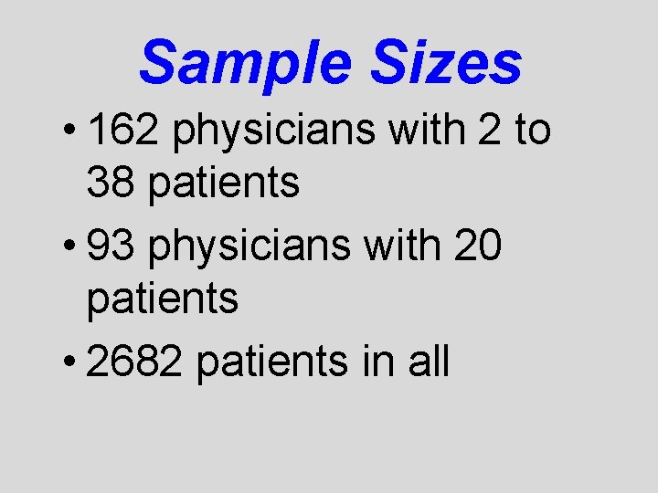 Sample Sizes • 162 physicians with 2 to 38 patients • 93 physicians with