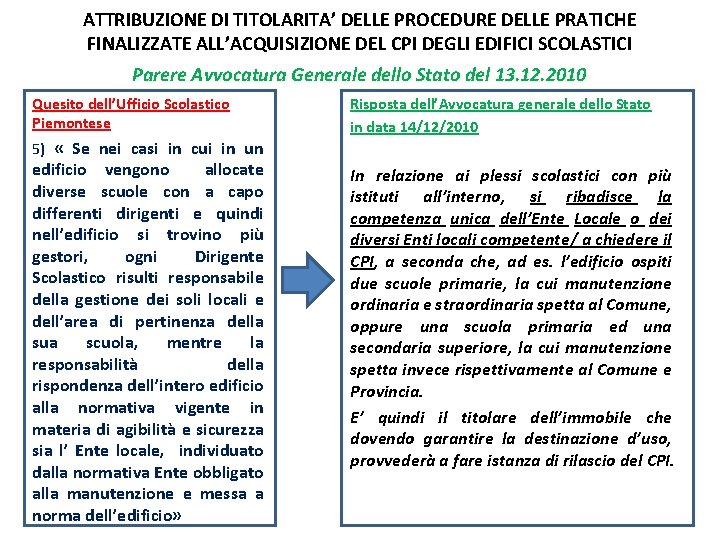 ATTRIBUZIONE DI TITOLARITA’ DELLE PROCEDURE DELLE PRATICHE FINALIZZATE ALL’ACQUISIZIONE DEL CPI DEGLI EDIFICI SCOLASTICI