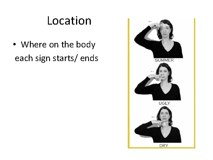 Location • Where on the body each sign starts/ ends 