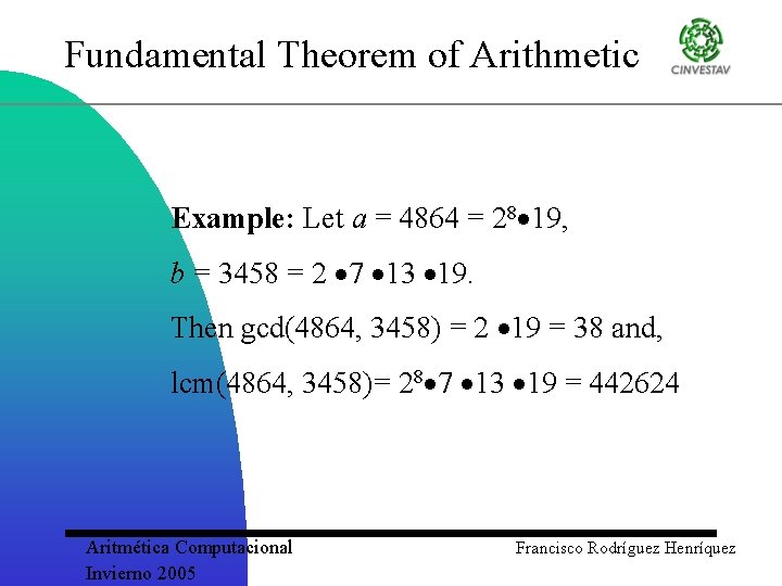 Fundamental Theorem of Arithmetic Example: Let a = 4864 = 28 19, b =