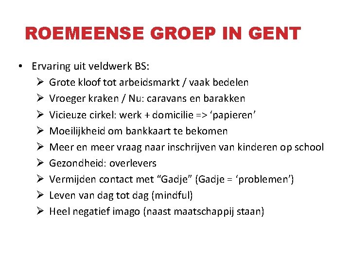 ROEMEENSE GROEP IN GENT • Ervaring uit veldwerk BS: Ø Grote kloof tot arbeidsmarkt