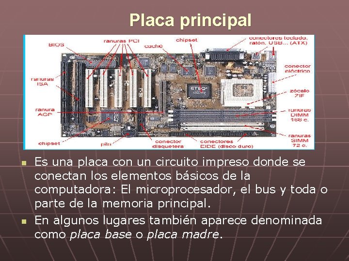 Placa principal n n Es una placa con un circuito impreso donde se conectan