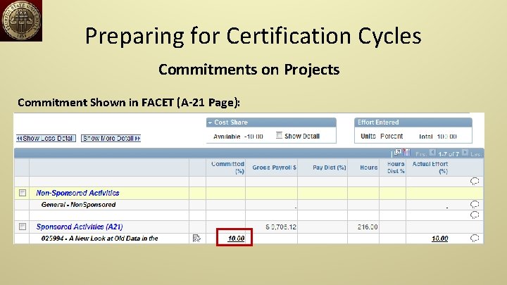 Preparing for Certification Cycles Commitments on Projects Commitment Shown in FACET (A-21 Page): 