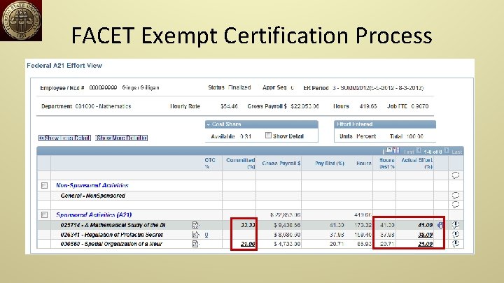 FACET Exempt Certification Process 000099999 Ginger Gilligan 