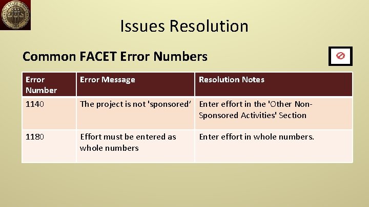 Issues Resolution Common FACET Error Numbers Error Number 1140 Error Message 1180 Effort must