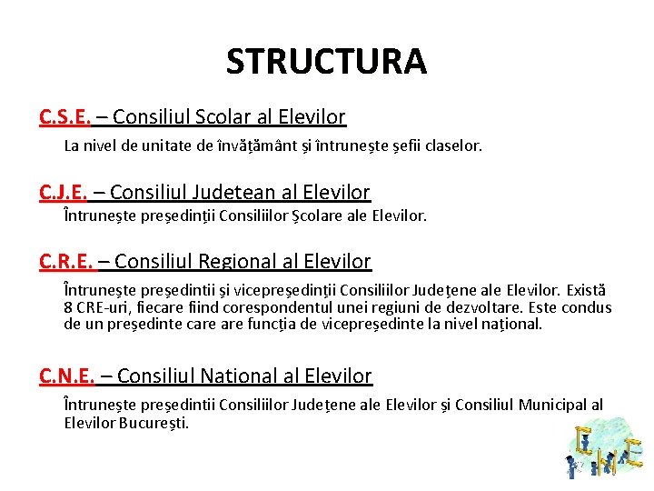 STRUCTURA C. Ș. E. – Consiliul Școlar al Elevilor La nivel de unitate de