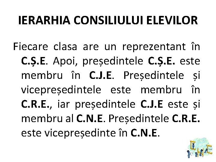 IERARHIA CONSILIULUI ELEVILOR Fiecare clasa are un reprezentant în C. Ș. E. Apoi, președintele