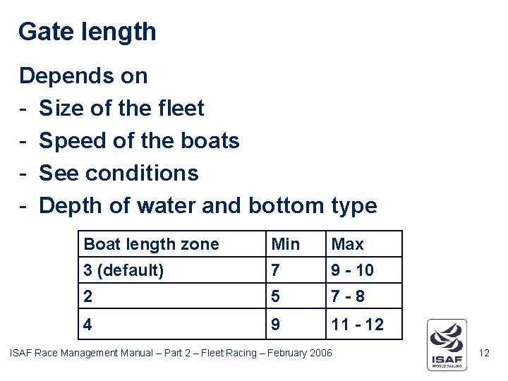 Gate length Depends on - Size of the fleet - Speed of the boats