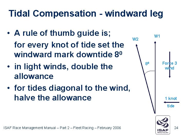 Tidal Compensation - windward leg • A rule of thumb guide is; W 2