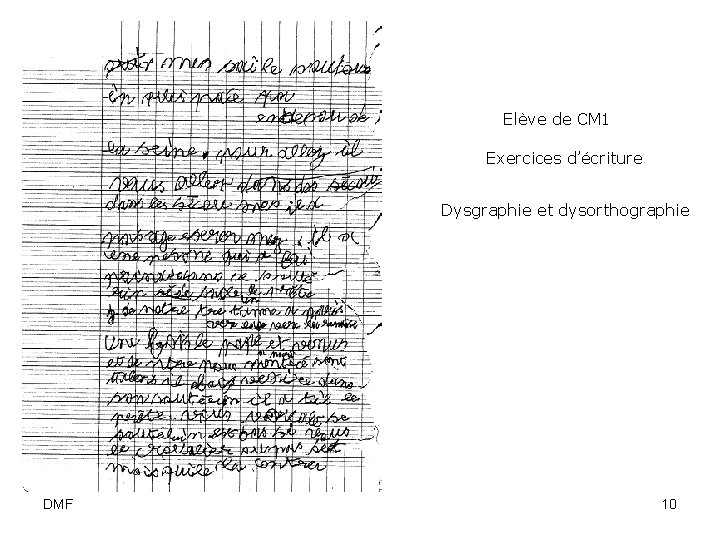  Elève de CM 1 Exercices d’écriture Dysgraphie et dysorthographie DMF 10 
