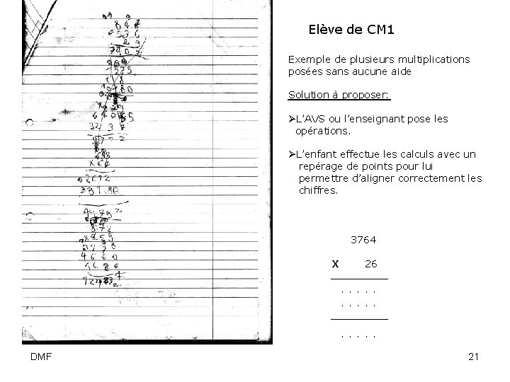 Elève de CM 1 Exemple de plusieurs multiplications posées sans aucune aide Solution à