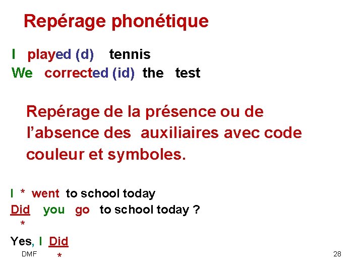 Repérage phonétique I played (d) tennis We corrected (id) the test Repérage de la