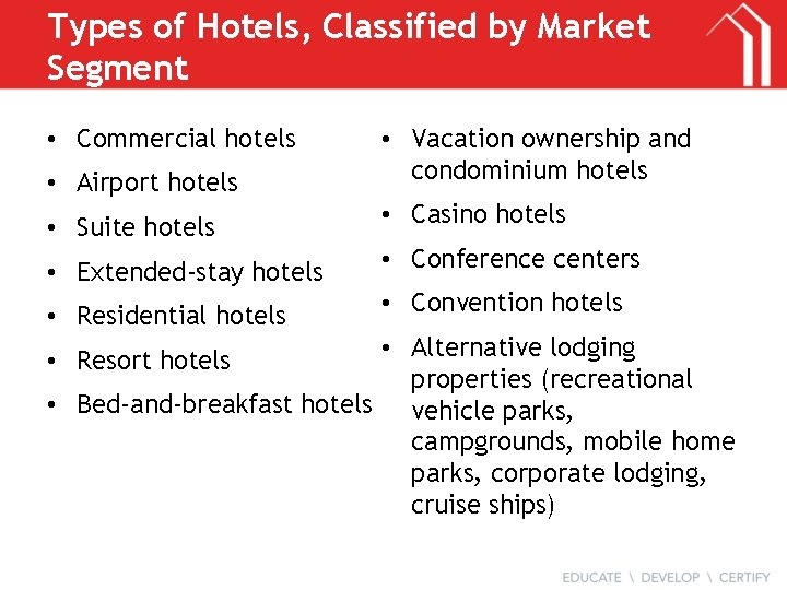 Types of Hotels, Classified by Market Segment • Commercial hotels • Airport hotels •