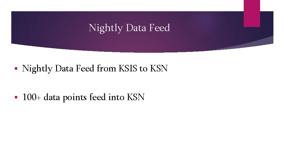 Nightly Data Feed § Nightly Data Feed from KSIS to KSN § 100+ data Nightly Data Feed § Nightly Data Feed from KSIS to KSN § 100+ data