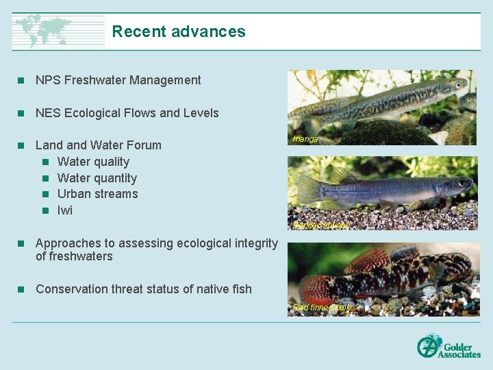 Recent advances n NPS Freshwater Management n NES Ecological Flows and Levels n Land