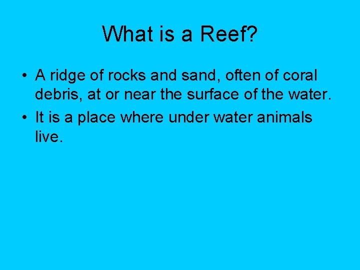 What is a Reef? • A ridge of rocks and sand, often of coral What is a Reef? • A ridge of rocks and sand, often of coral