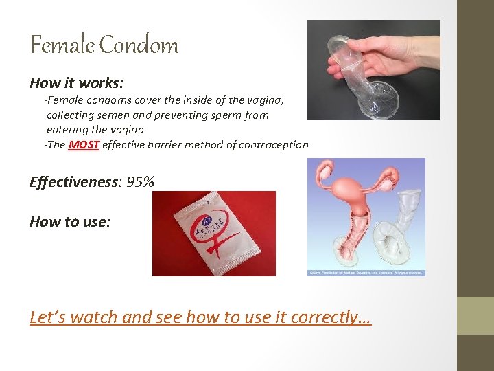 Female Condom How it works: -Female condoms cover the inside of the vagina, collecting Female Condom How it works: -Female condoms cover the inside of the vagina, collecting