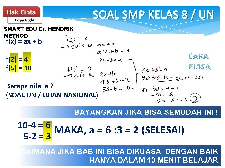 SOAL SMP KELAS 8 / UN SMART EDU Dr. HENDRIK METHOD f(x) = ax