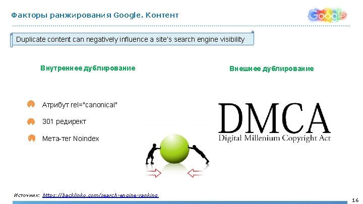 Факторы ранжирования Google. Контент Duplicate content can negatively influence a site’s search engine visibility