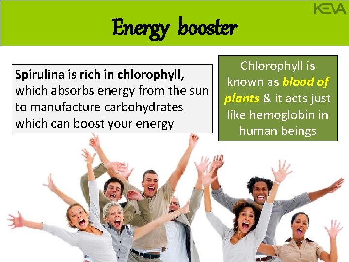 Energy booster Spirulina is rich in chlorophyll, which absorbs energy from the sun to