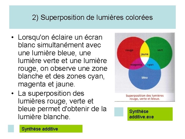 2) Superposition de lumières colorées • Lorsqu'on éclaire un écran blanc simultanément avec une