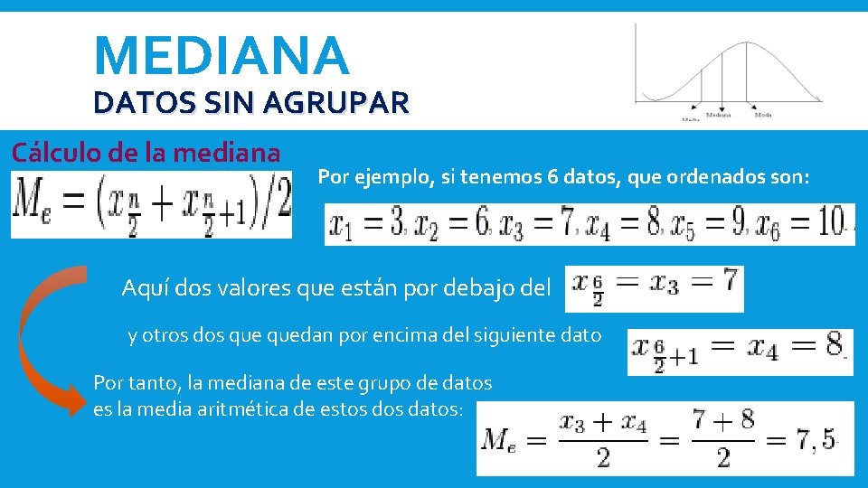 MEDIANA DATOS SIN AGRUPAR Cálculo de la mediana Por ejemplo, si tenemos 6 datos, MEDIANA DATOS SIN AGRUPAR Cálculo de la mediana Por ejemplo, si tenemos 6 datos,