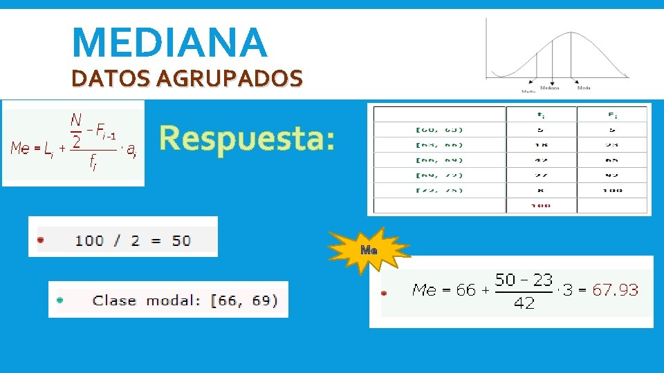 MEDIANA DATOS AGRUPADOS Respuesta: Me MEDIANA DATOS AGRUPADOS Respuesta: Me