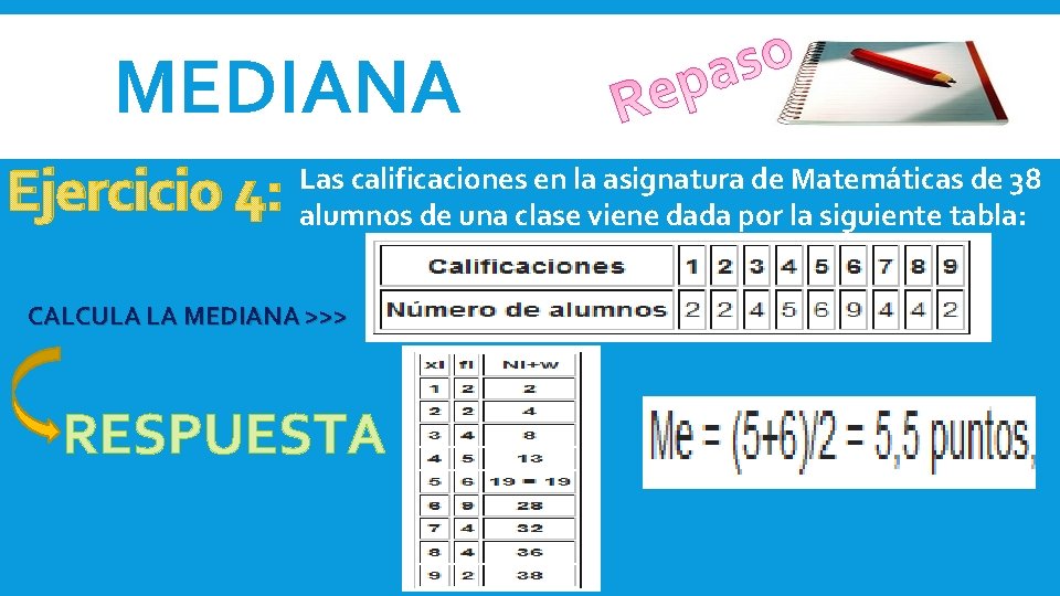 MEDIANA Ejercicio 4: Las calificaciones en la asignatura de Matemáticas de 38 alumnos de MEDIANA Ejercicio 4: Las calificaciones en la asignatura de Matemáticas de 38 alumnos de
