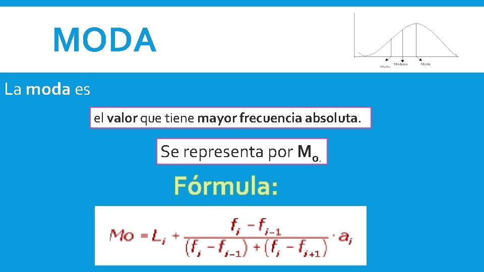 MODA La moda es el valor que tiene mayor frecuencia absoluta. Se representa por MODA La moda es el valor que tiene mayor frecuencia absoluta. Se representa por