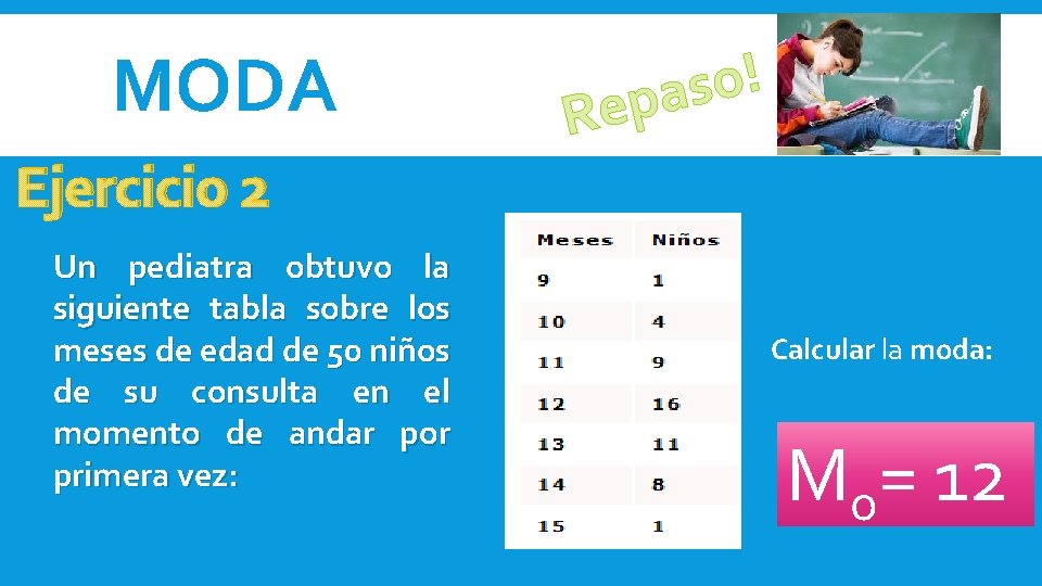 MODA Ejercicio 2 Un pediatra obtuvo la siguiente tabla sobre los meses de edad MODA Ejercicio 2 Un pediatra obtuvo la siguiente tabla sobre los meses de edad